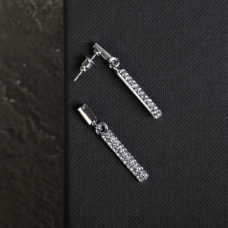Earrings with rhinestones "Geometry" Thin cylinder, white color in silver-2