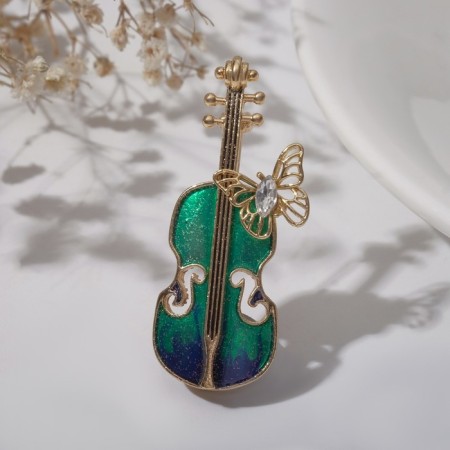 Brooch "Violin" with a butterfly, the color is blue-green in gold-1