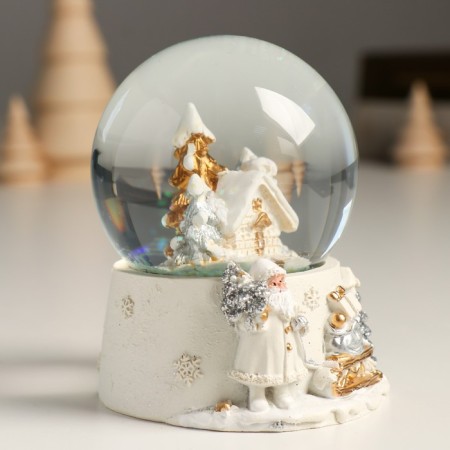 Souvenir Polystone Water Ball "House in a snowy forest" White with gold 7x8x9 cm-1