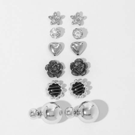 Pusets 6 pairs "ball" flower, white-blue color in silver-3