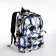 A backpack with a zipper, 3 outer pockets, black/blue/beige color