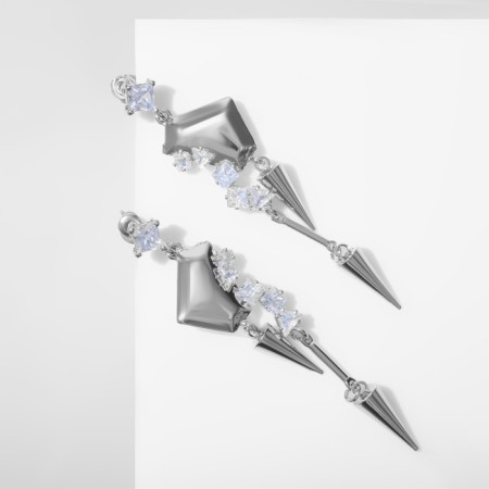 Hanging earrings with rhinestones "Circus" ice floes, white color in silver, 7 cm-1