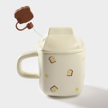 Ceramic mug with a lid and tube Brieds, 350 ml, beige color-2