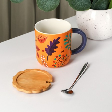 Ceramic mug with a spoon "Herbarium", 350 ml-1