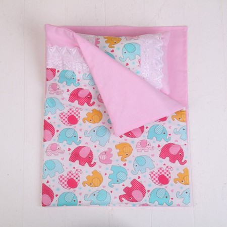 Bed linen for dolls "Elephants", sheet, blanket, pillow-1