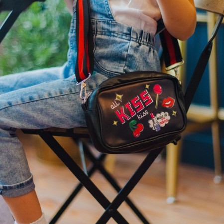 Children's bag for Kiss, artificial leather, on a strap, black, 18x6x11 cm-6