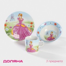 A set of children's utensils from ceramics of the Village “Wizard”, 3 objects: a mug 230 ml, a bowl of 400 ml, a plate d = 18 cm, white color