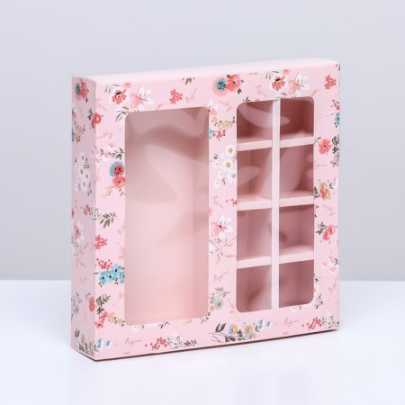 Box for 8 sweets + chocolate, with a window, "flowers" 17.7 x 17.8 x 3.8 cm