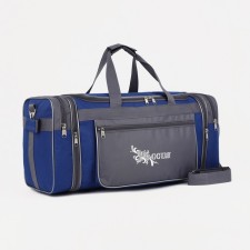 Road bag on a zipper, with an increase, 3 outer pockets, a long belt, blue/gray color