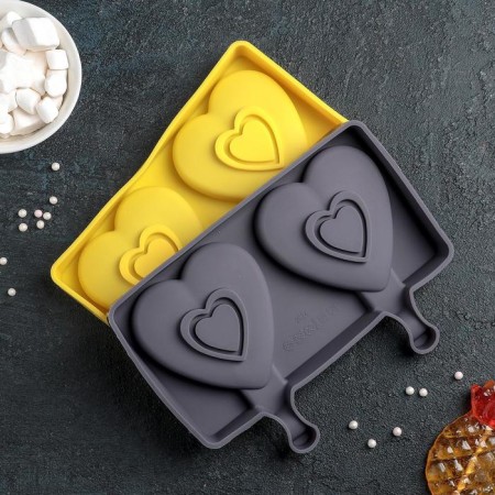Ice Cream Form "heart", silicone, 19.5 × 14 × 2.5 cm, 2 cells (8.4 × 9 cm), color mix-5