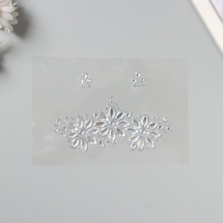 Sticker of rhinestones plastic on the face "Three flowers" silver 14.5x16 cm-1