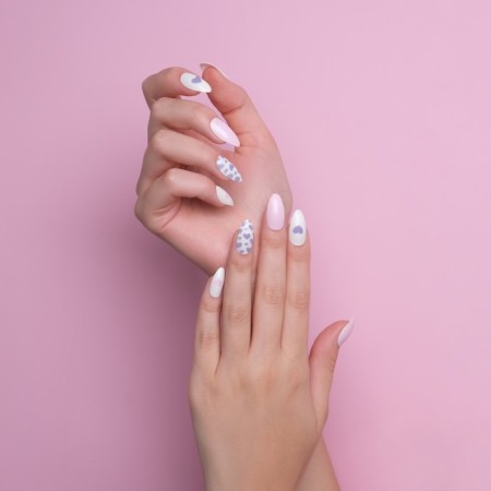 Follow nails, 24 pcs, with adhesive plates, almond shape, white/pink/lilac color-9