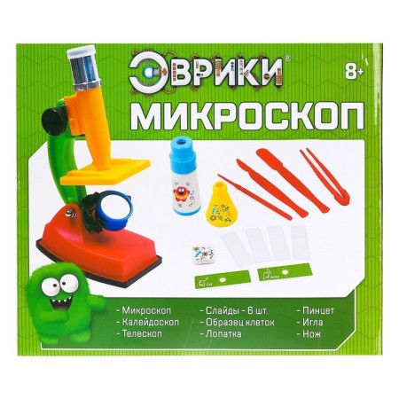 A set of biologist, 14 objects: kaleidoscope, microscope, 4 slides, 2 cells of cells, tweezers, knife, blade, needle, samples-10