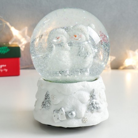 Souvenir Polystone Water Ball Music "Snowmen with skates" White from silver. 11.5x11.5x14 cm-4