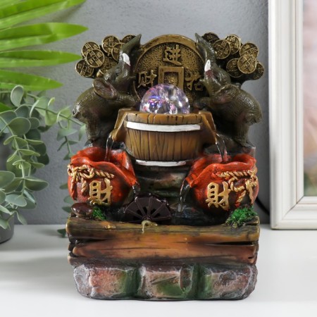 Table fountain with backlight "Two elephants with a Chinese coin" 12x15x21 cm