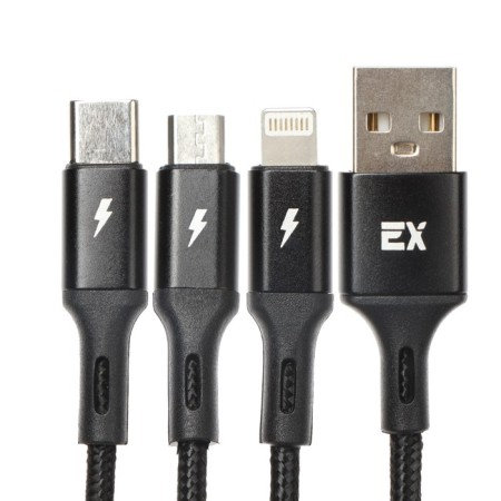Cable 3 in 1 Exployd Ex-K-1417, USB-Microusb/Lightning/Type-C, 2.4 A, 1.2M, nylon, black-1