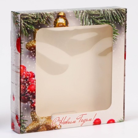Gift box team with the window "New Year's branches", 16 x 16 x 3 cm-1