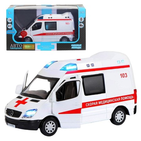 Metal machine "Mercedes Sprinter. Ambulance ”1:32, inertia, white color, light and sound effects