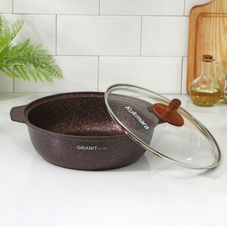 Granit Ultra, 3 l, 3 l, d = 28 cm, glass cover, anti-stick coating, brown color-1