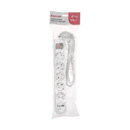 Extension cord Standard 5 nests, 1.5m, 3x1.0mm², s/s, with a switch, 2 USB, white rexant-5