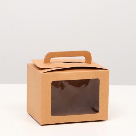 The box is folding, with a window and a handle, craft, 10 x 14 x 10 cm