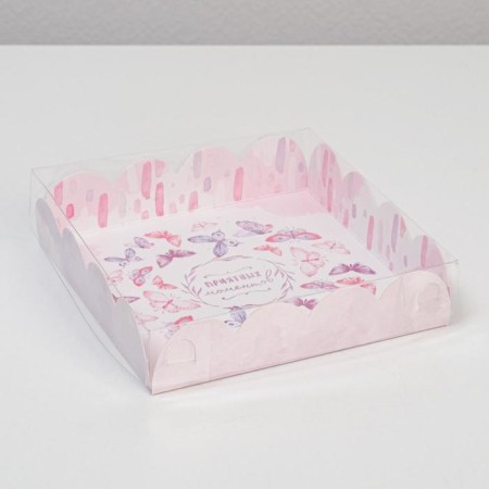 Cookie box, confectionery packaging with PVC lid, “pleasant moments”, 13 x 13 x 3 cm