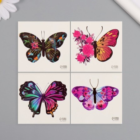 Tattoo on the body black "butterflies with flowers" set 4 pcs 6x6 cm-3