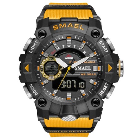 Watch is electronic watch, with an alarm clock, d-5.7 cm, strap L-26 cm, 5 atm, yellow strap