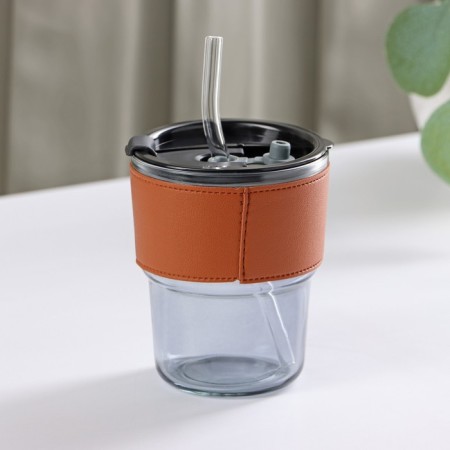 Glass glass with a lid and a “type” pipe, 350 ml, color mix-8