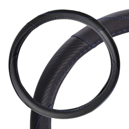 Braid on the steering wheel, eco -leather, Karbon texture, black, blue firmware, 38 cm/m
