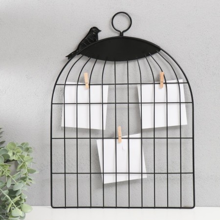 Photo frame metal in 3 photos "Bird on a cage" with clothespins, black 30x30 cm-2