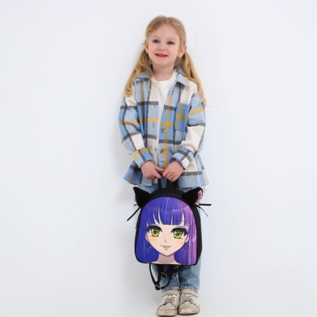 School textile backpack with ears on the hairpins "Anime", 27x23 cm, black/purple-19