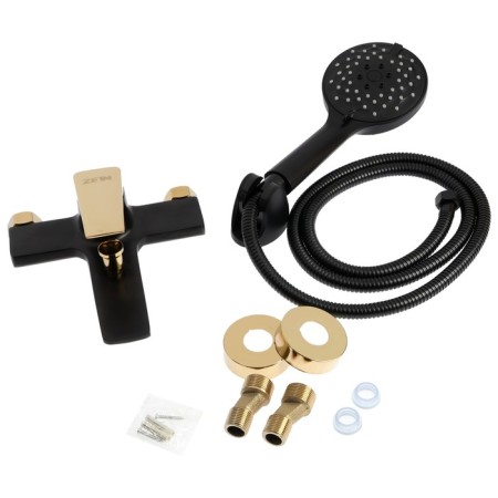 Bath mixer Zein Z3890, single -leaf, watering can 3 modes, hose, holder, black/Gold-12