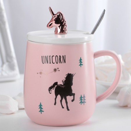 Ceramic mug with a lid and spoon "Golden Horn", 450 ml, color mix-6