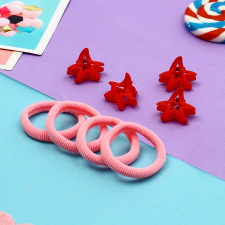 Hair set "Olivia" (4 gum 4 cm, 4 crab 2.5 cm) star, red-pink-1