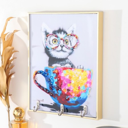 Key plastic, MDF 3 hooks "cup cat" rhinestones, gold 18.5x1.8x23.5 cm-1