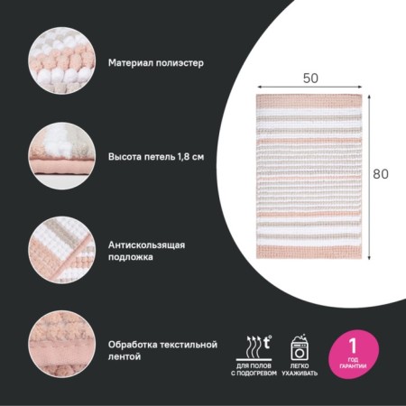 Bathroom rug IDDIS, 50x80 cm, shenill, pink color-1