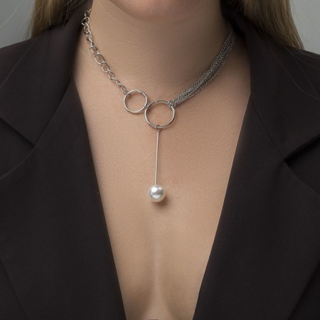 Pearl pearl "chain" link, white color in silver, 32 cm