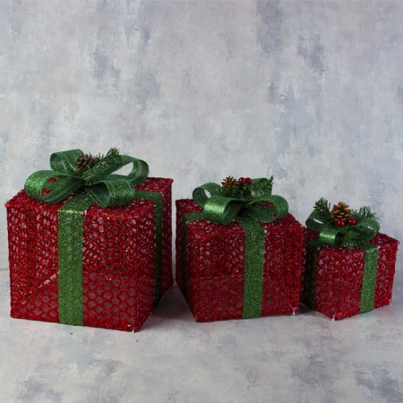 LED figure “Gifts with a green tape” 15, 20 cm, textiles, metal, 220 V, glow warm white-1