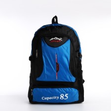 A backpack on a zipper with an increase, 55l, 5 external pockets, blue color
