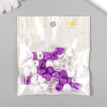 Plastic beads "Heart. Violet, white, transparent" set of 20 g 1.2x0.9x0.8 cm-3