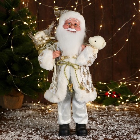 Santa Claus "In the patterned caftan" Music moves his head, 43 cm, white-golden