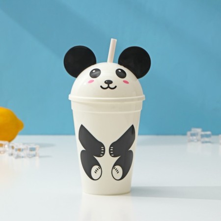 A glass with a panda lid and pipe, 450 ml, white color