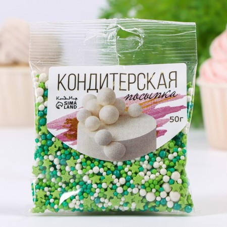 Confectionery Sprinking "Stars, Balls": green, white, with a soft center, 50 g-1
