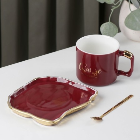 Tea couple ceramic with a spoon "Change", 2 items: a cup 230 ml, a saucer, color mix-1