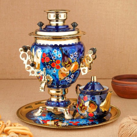 Set "Bird on the blue", sturdy, 3 objects, a samovar 3 l, a teapot 0.7 l, tray