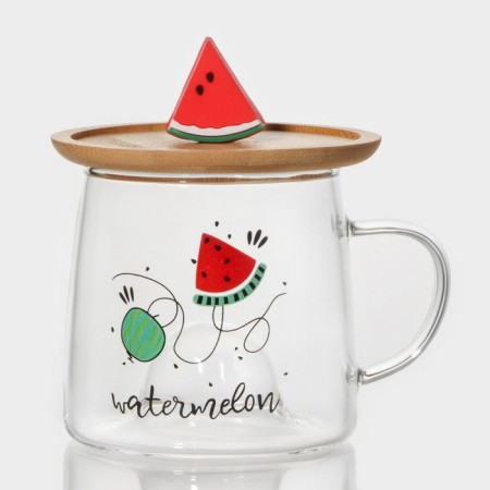 Glass mug with wooden cover "Arbuzik", 300 ml-12