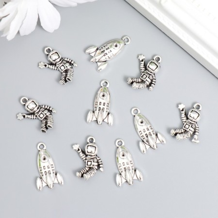 Decor for creativity Metal "Rocket and Cosmonaut" Silver Set 5+5 pcs 2.2x1.3 cm 2.1x1.6 cm 7888007-2