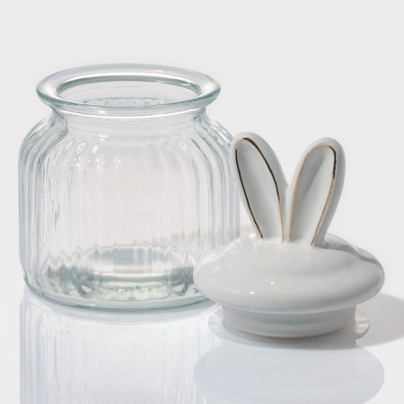 Glass Bank for bulk products with a ceramic lid of the bunny in gold, 600 ml-1