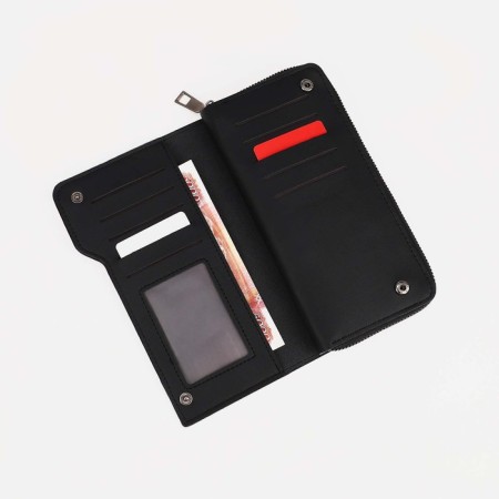 Male purse with zipper, department for bills, for maps, for coins, black color-2